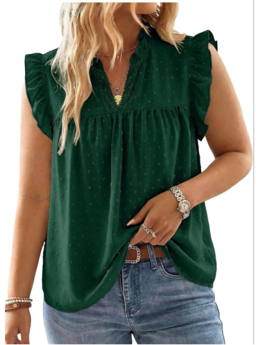 NEW Plus Size Summer Blouse Flowy V Neck Swiss Dot Sleeveless Ruffle 1X